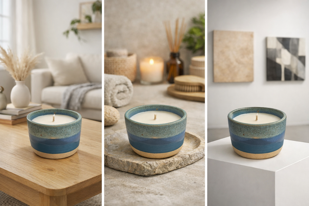 Bougie artisanale Thalassa – Collection Les Océaniques (céramique & cire végétale)